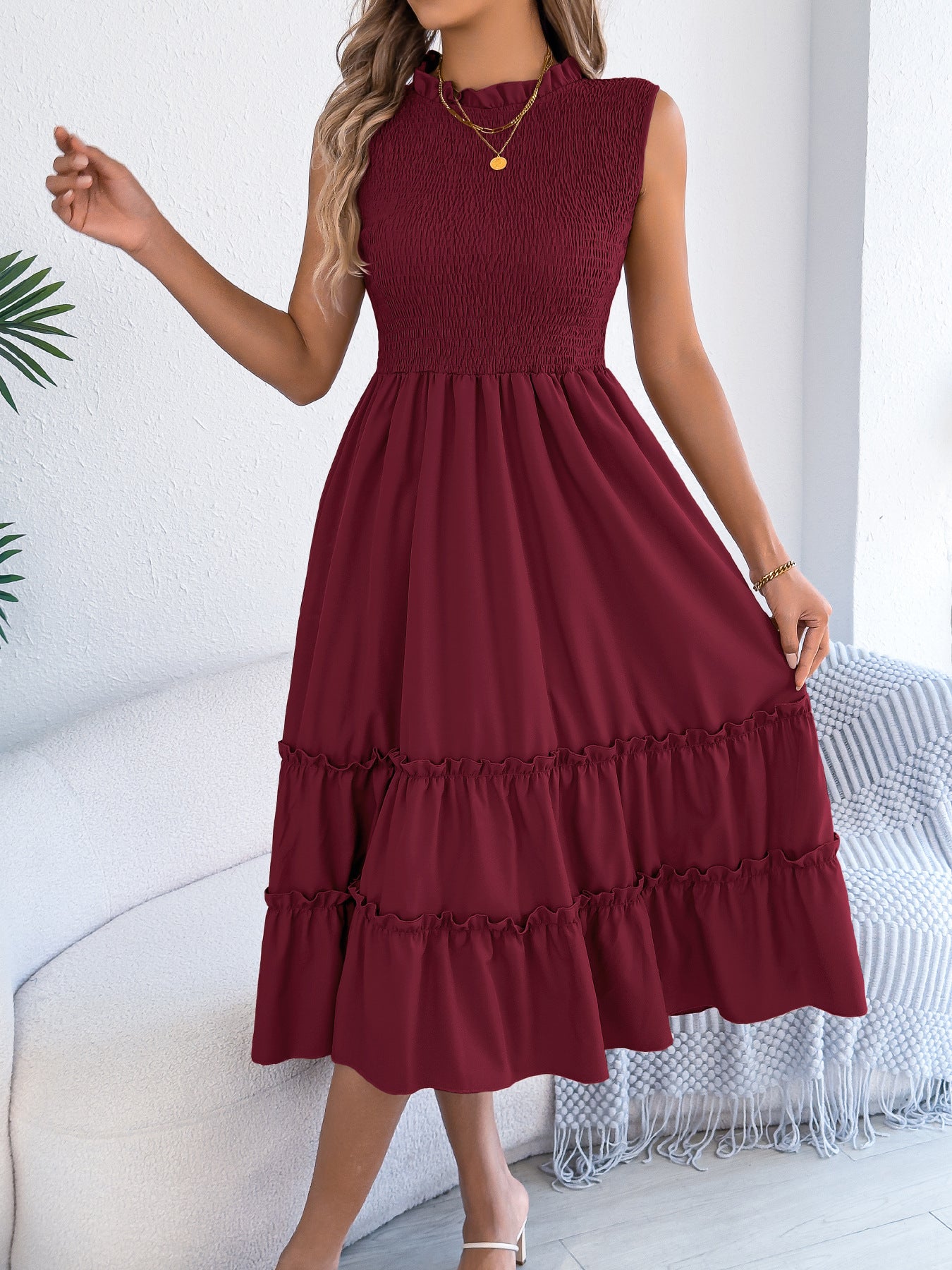 Casual Sleeveless Ruched Waistline Flounce Maxi Dress