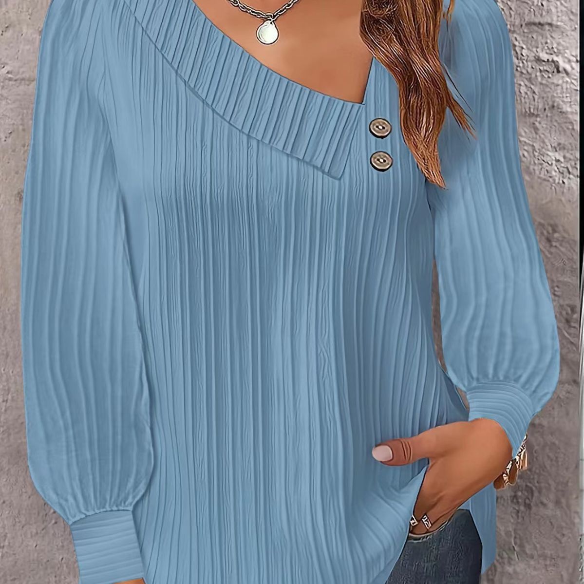 V-neck Buttons Solid Color Long Sleeve Shirt Women