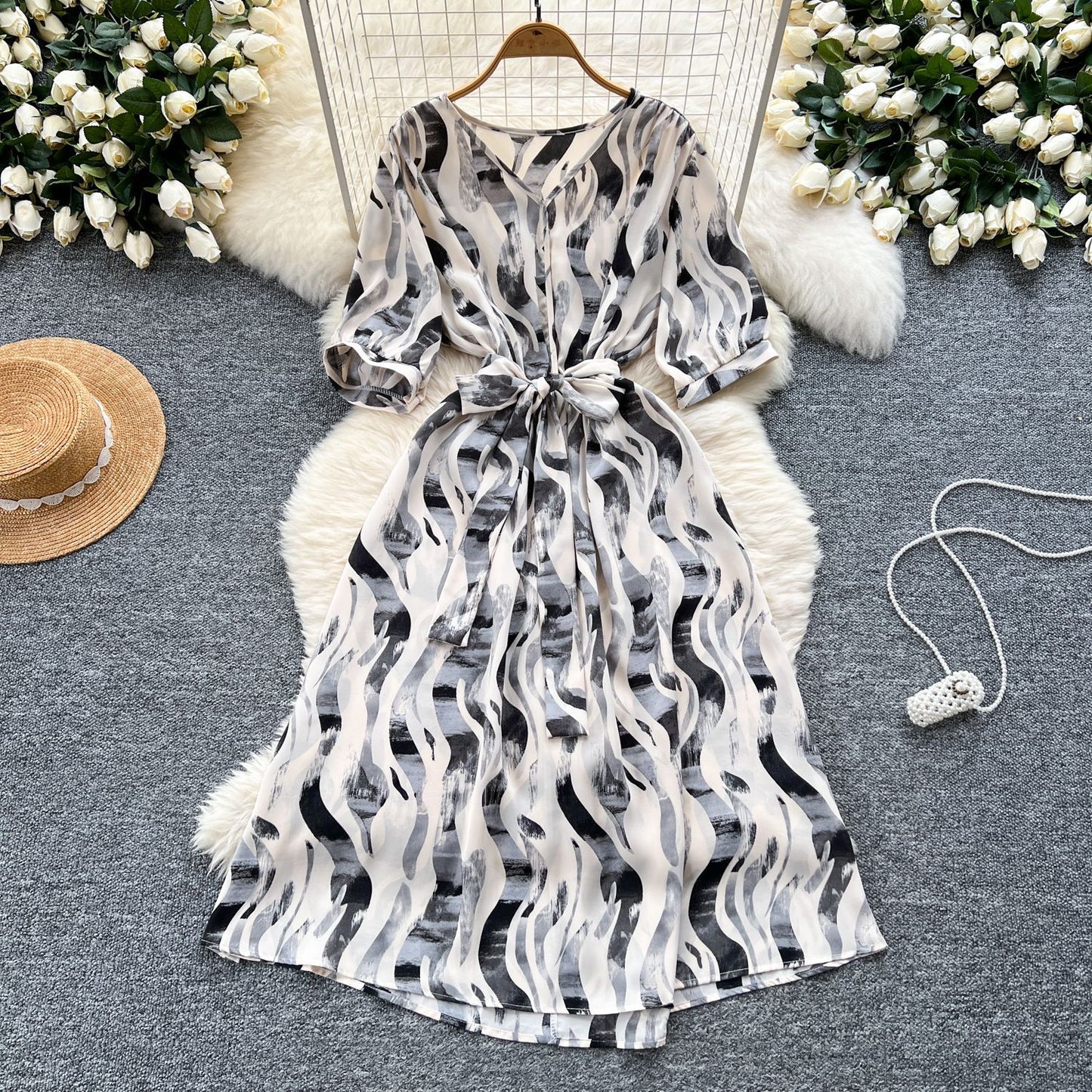 French Retro-Style High-End Printed Puff Sleeve Dress