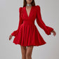 Puff Sleeve V-neck Waist Seal Pleated Dress