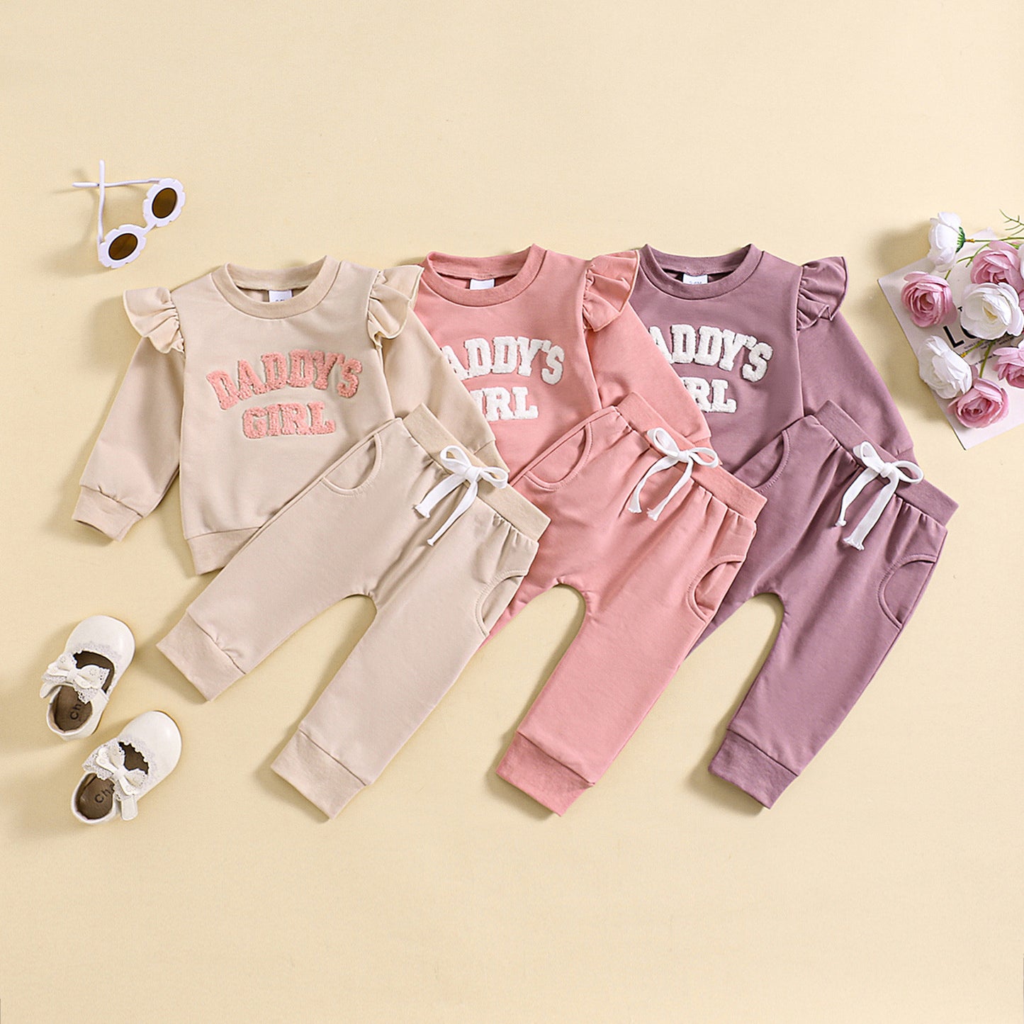 Children's Suit Baby Girl Flounced Sleeve Letter Embroidered Sweater Trousers