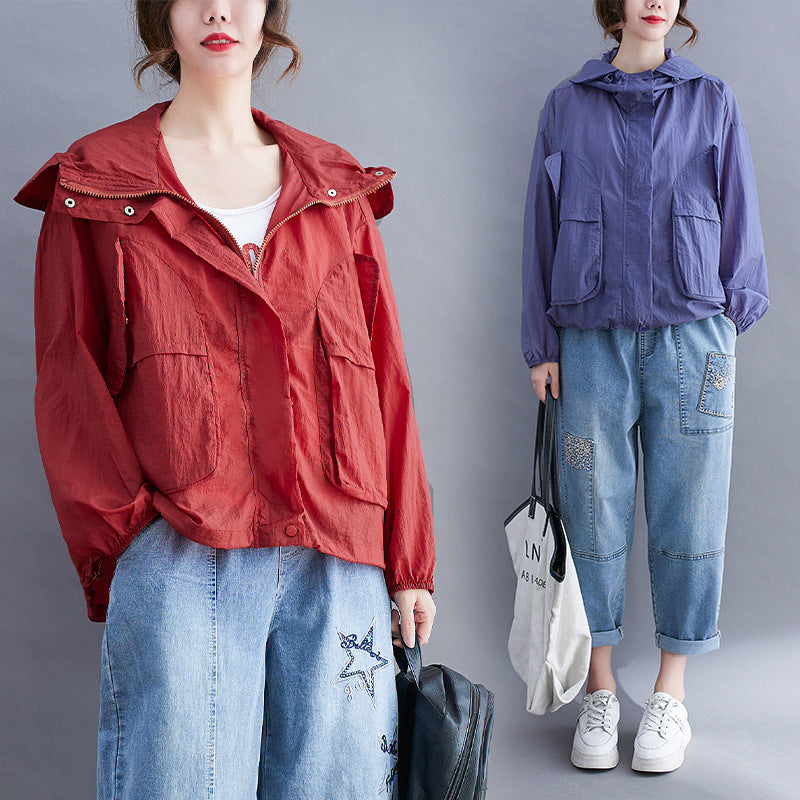 Pure Color Patch Pockets Loose Long-Sleeved Hooded Casual Thin Breathable Sun Protection Clothing