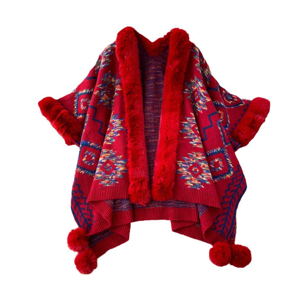 Leopard Print Fur Collar Coat Loose Mid-length Jacquard Knitted Shawl Cardigan