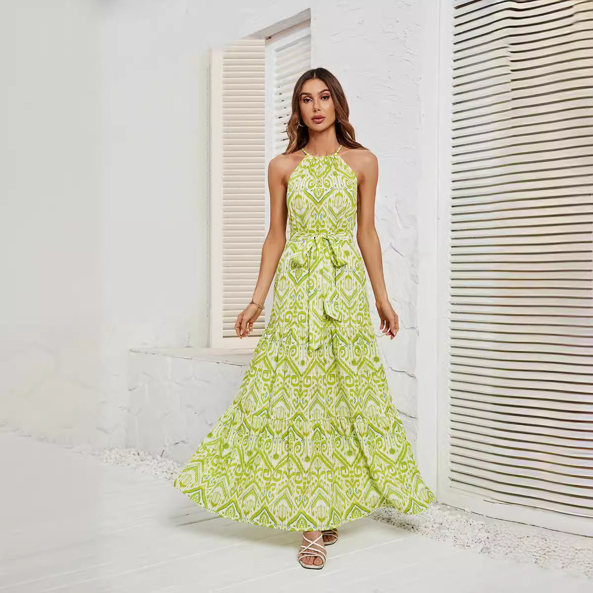 Sexy Round-Neck Lace-Up Printed Long Dress Robe