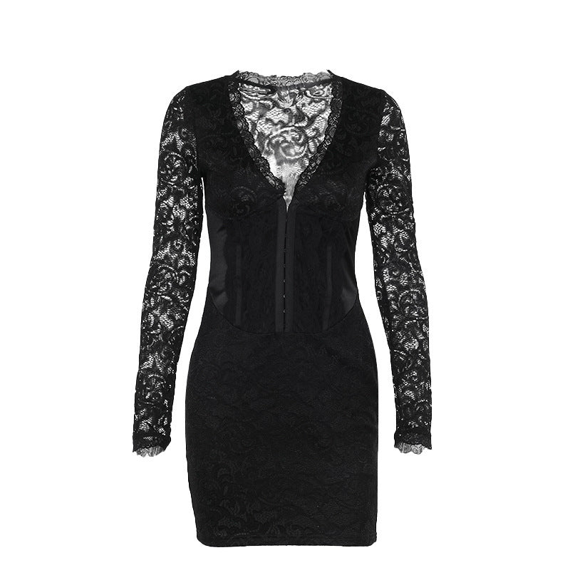 Elegant Long Sleeve Narrow Lace Mini Dress Women
