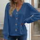 Women's Solid Color Buttons V-neck Loose Long-sleeved T-shirt