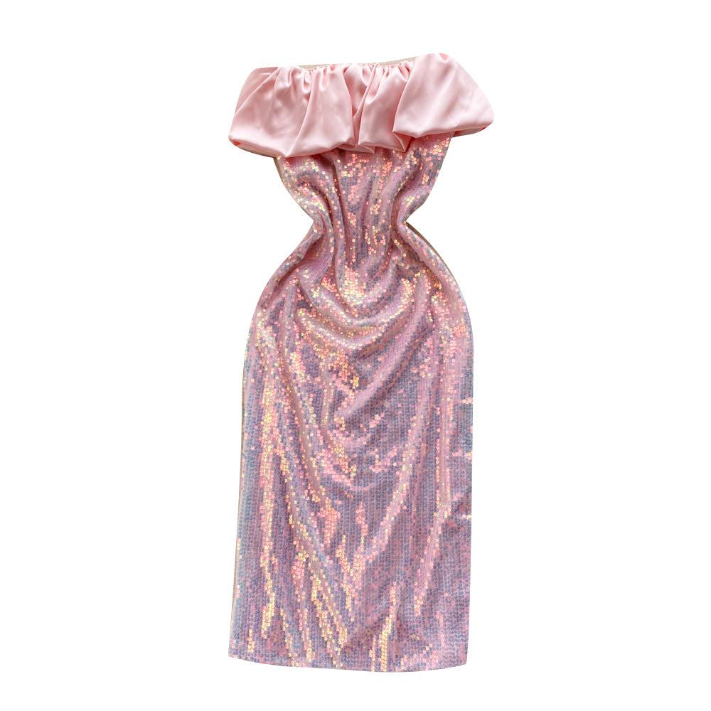 Ruffle Sequin Off Shoulder Strapless Hip Wrap Dress