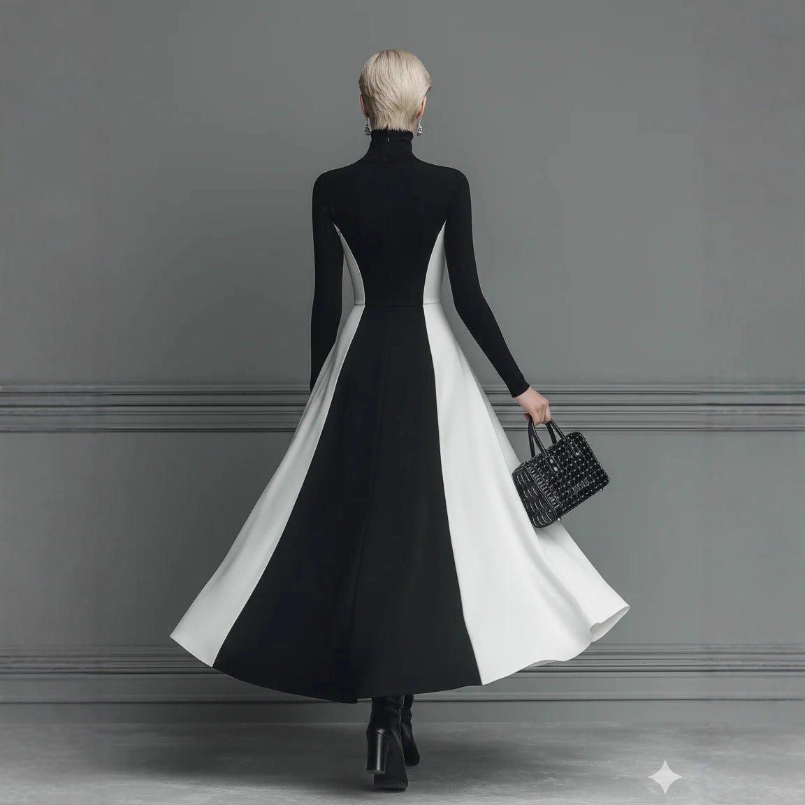 Color-Block Knitted Turtleneck Elegant Long-Sleeve Slim-Fit Dress