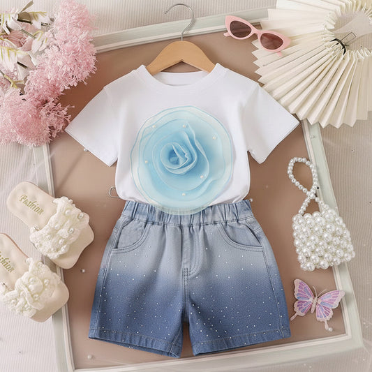 T-shirt Gradient Denim Shorts Two-piece Set