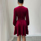 Retro Wine-red Velvet V-neck Dress With Lantern Sleeves