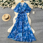 Strap-tied Waist V-Neck Irregular Print Chiffon Maxi Dress