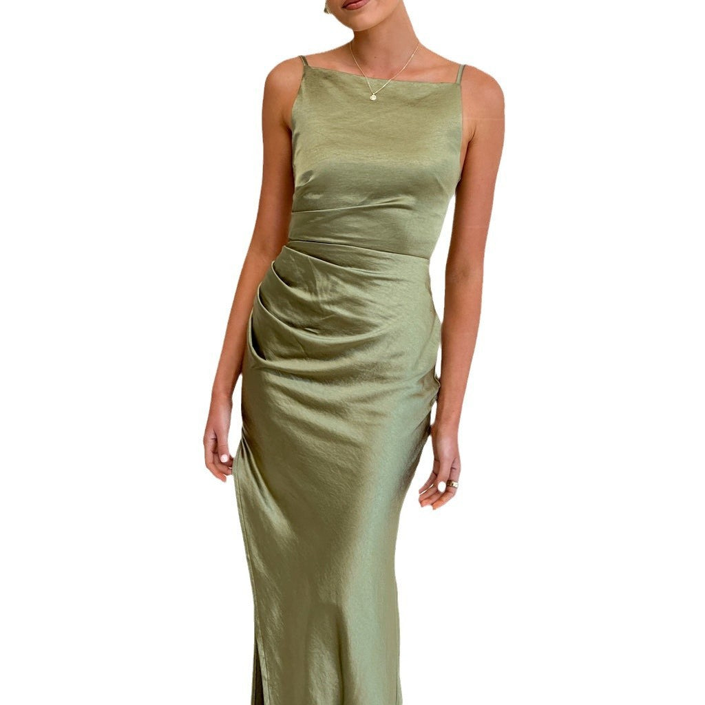 Solid Color Backless Slit Mid-length Sleeveless Sling Dress