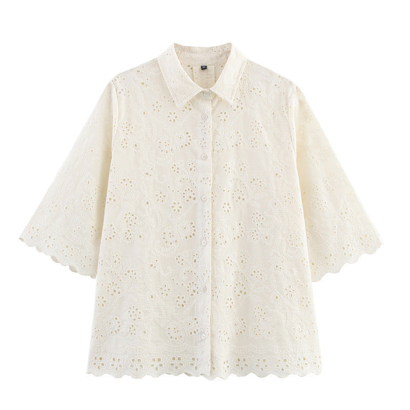 Summer Hollow Embroidered Women's Shirt Pants Suit