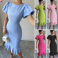 Round Neck Lantern Sleeve Ruffled Elegant Fishtail Skirt