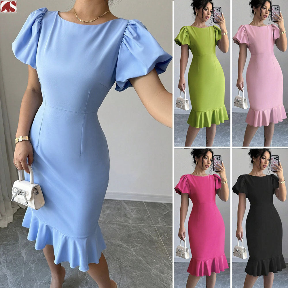 Round Neck Lantern Sleeve Ruffled Elegant Fishtail Skirt
