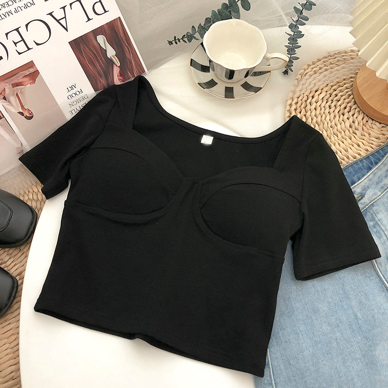 Square Neck Clavicle Short Sleeve T-Shirt Ladies