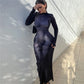 Women's Fashion 3D Body Print Round Neck Long Sleeve Slim Hip Bag Dress