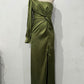 Diagonal Collar Raglan Sleeve Pleated Waist Tight Split Long Dress