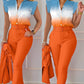 Ensemble haut et pantalon imprimé à manches volantées et ceinture, couleur unie