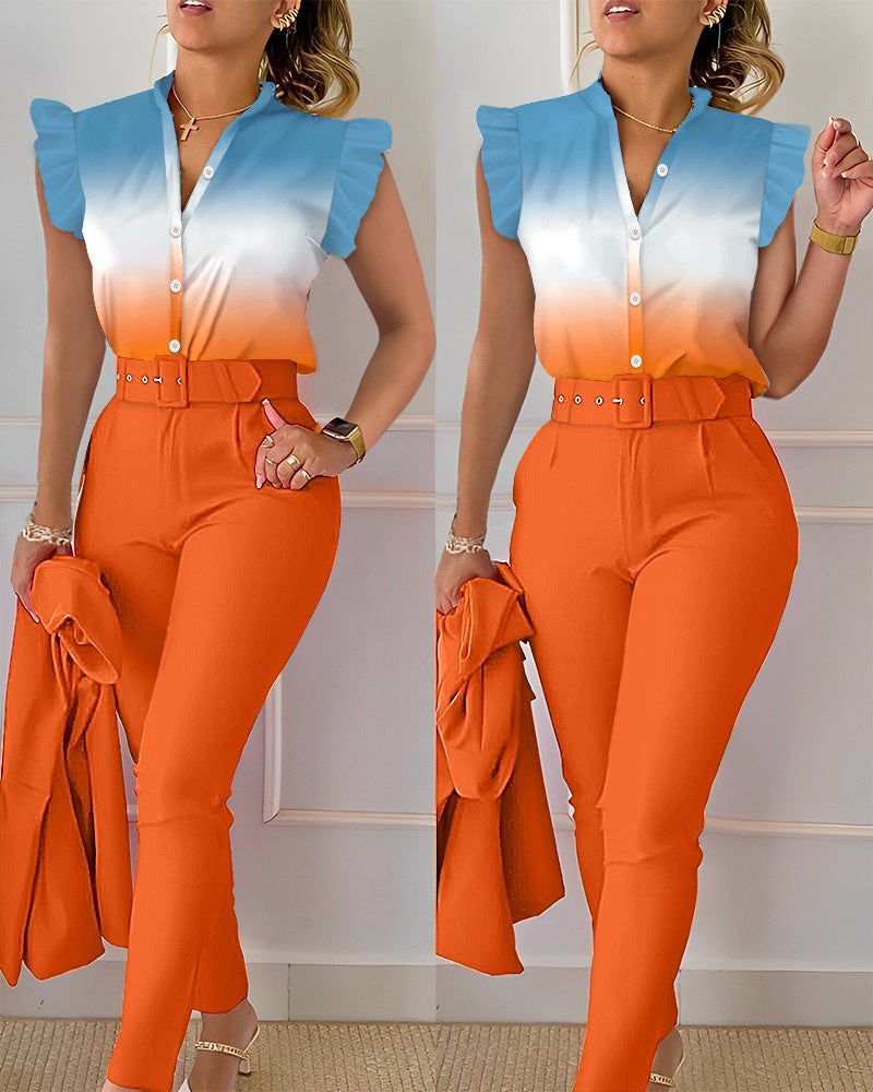 Ensemble haut et pantalon imprimé à manches volantées et ceinture, couleur unie