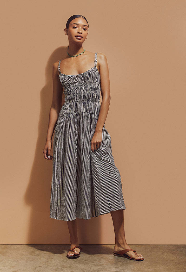 Sleeveless Pleated Striped Spaghetti Straps A- Line Skirt Dress Women