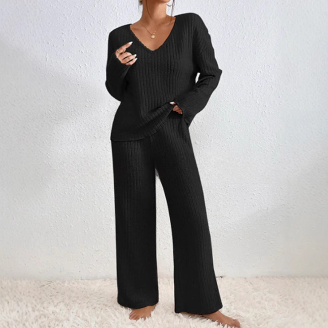 Casual Straight-leg Pants With A Loose V-neck Ribbed Knit Set