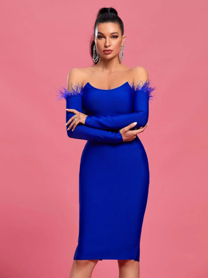 Robe à manches longues et plumes pour femme