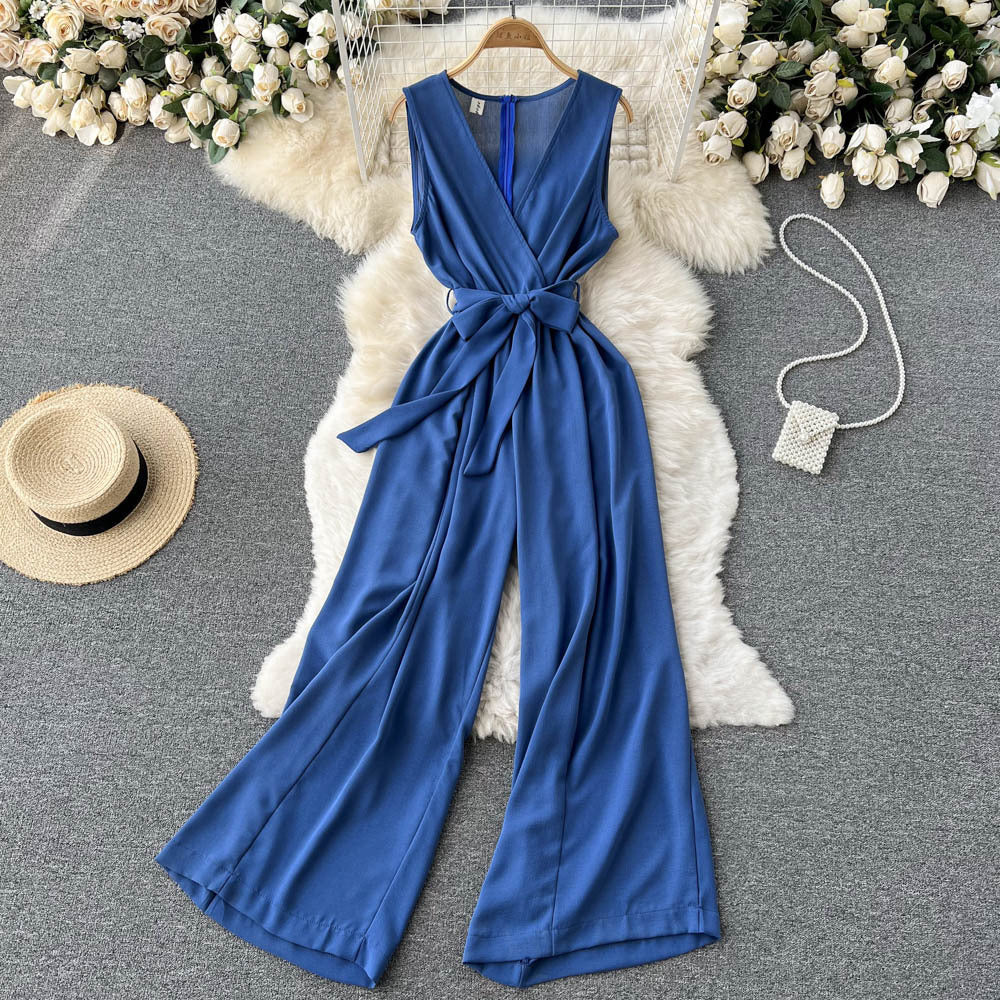 Combinaison sans manches à col en V et taille haute pour femme
