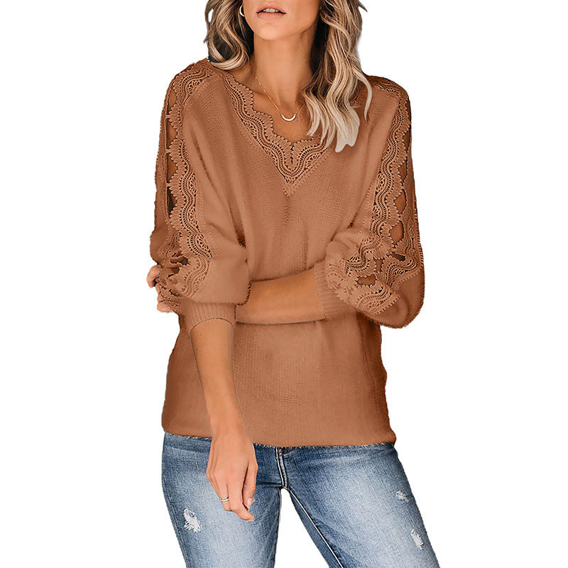 Autumn And Winter New Style Solid Color Lace V-leader Hollow Knit Top Women