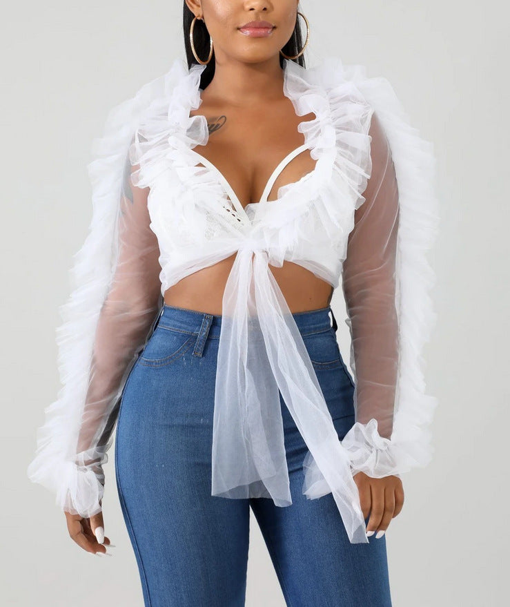Long Sleeve Sheer Three Layer Mesh  Top Cardigan