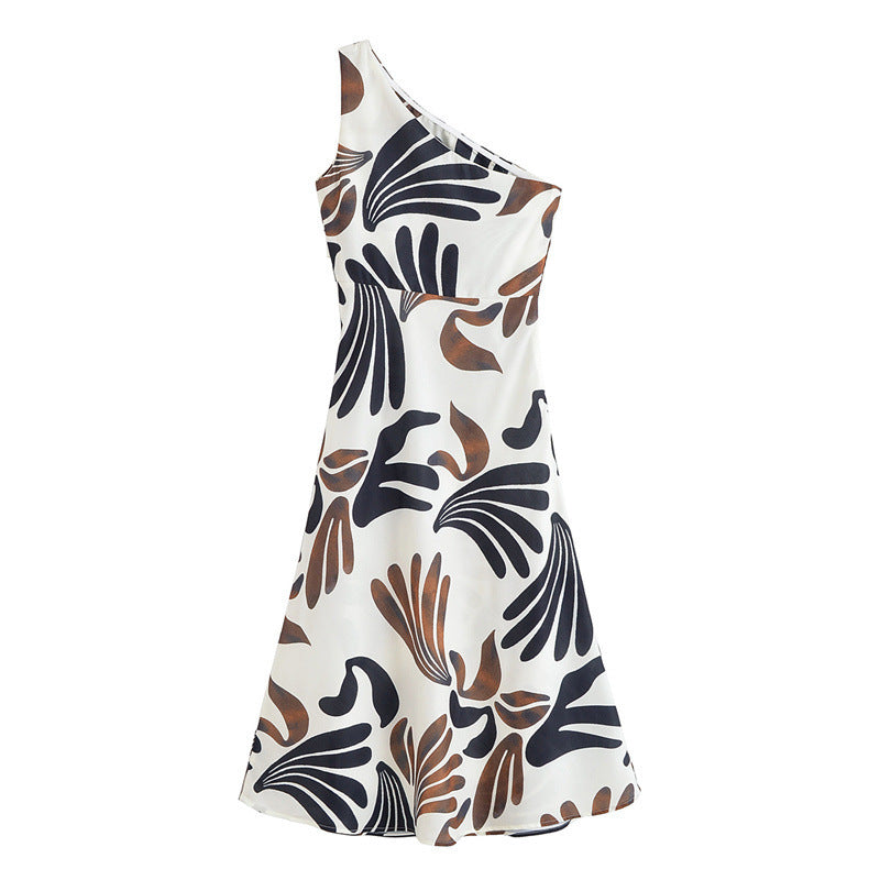 Irregular Oblique Shoulder Leaf Print Sleeveless Dress