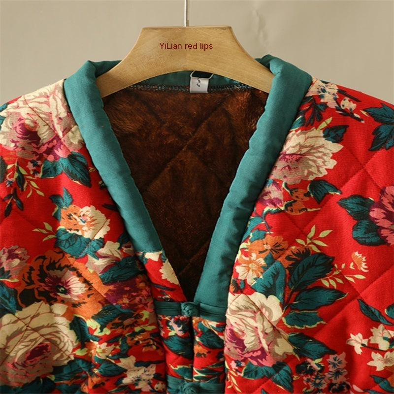 Veste à imprimé floral ethnique, manteau en coton épais doublé polaire, grande taille, vêtements pour femmes