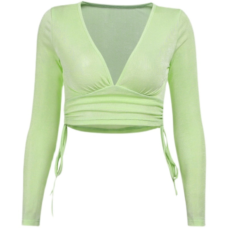 Short Cross  Drawstring Reveals Chest And Long Sleeves