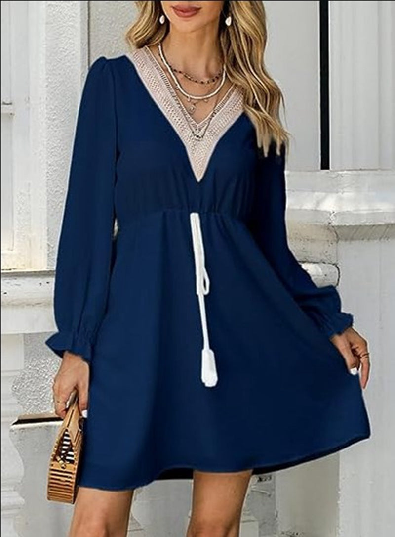 Solid Color Long Sleeve Lace V-neck Tight Waist Dress