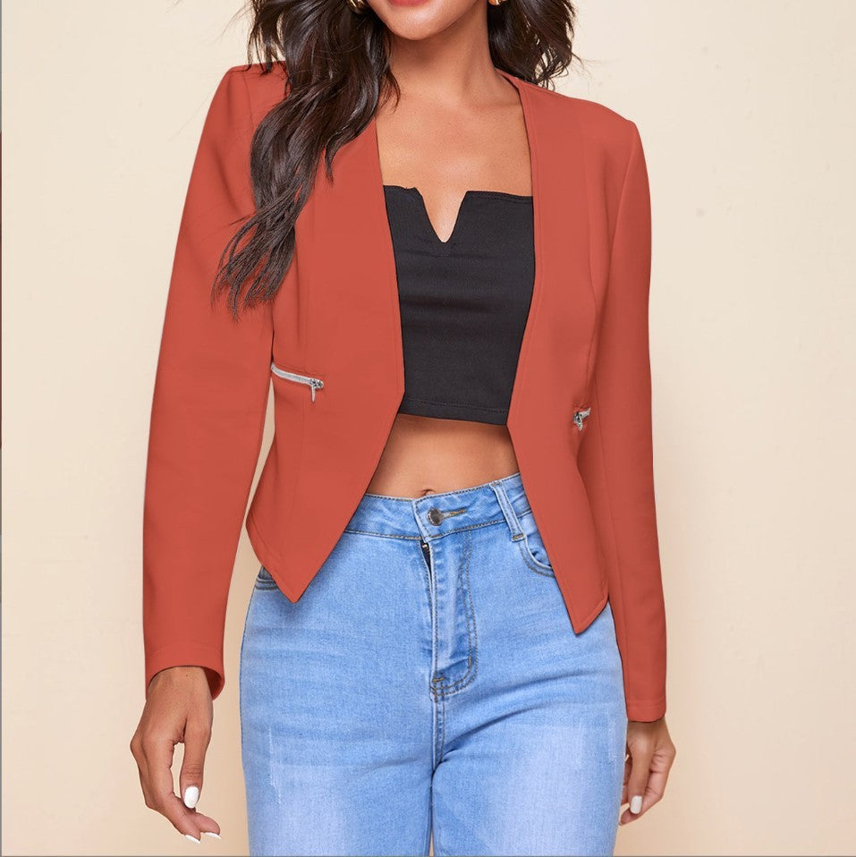 Long Sleeve Cardigan Zipper Pocket Jacket Top Small Suit