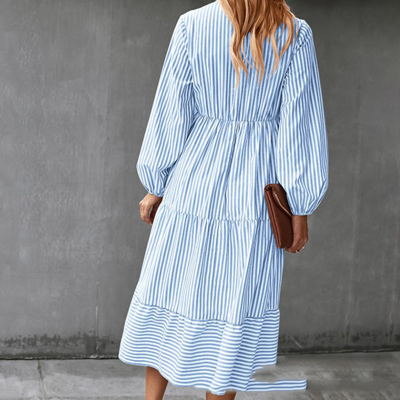 European And American Autumn New Striped Long Sleeve Elastic Waist Dress