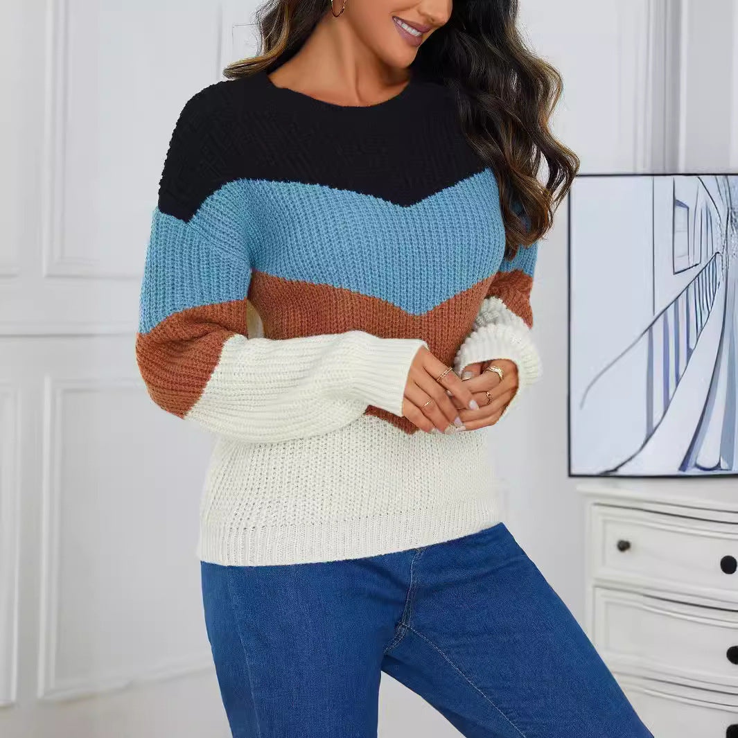 Pull de couleur contrastée, col rond, pull rayé, ample et décontracté