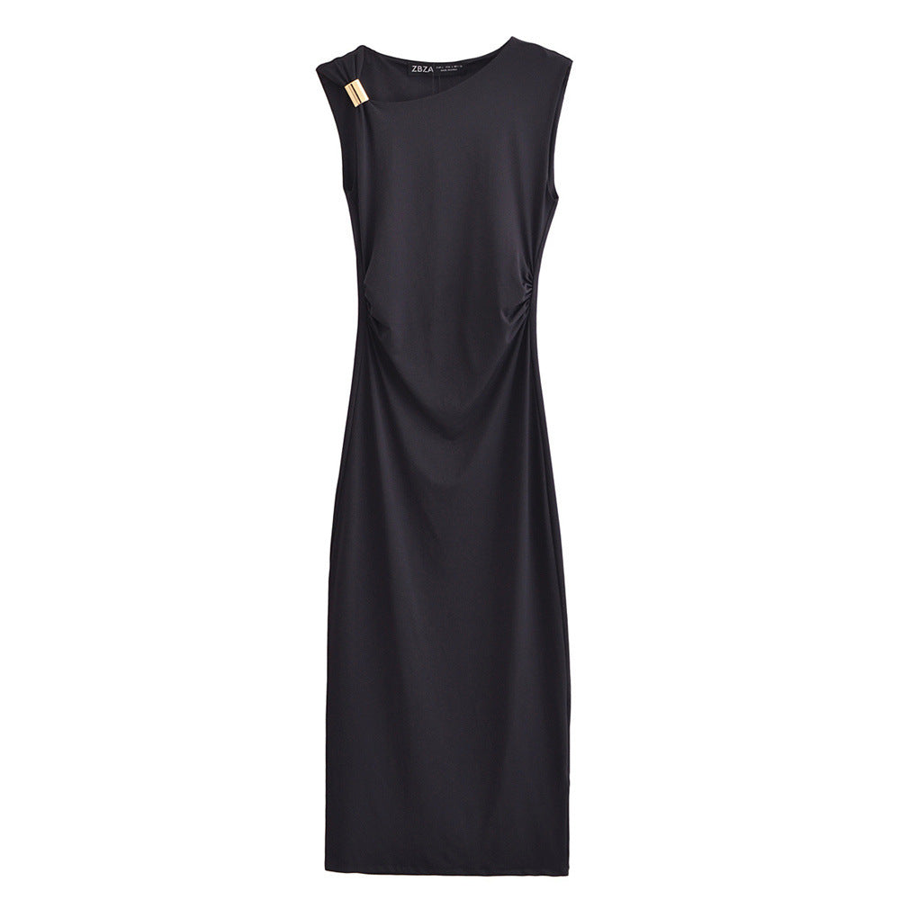 Women's High-grade Satin Sleeveless Pleated Dress