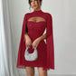 Round-neck Ribbed Pearl Chiffon Cape Bodycon Dress