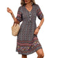 Flower Print Puff Sleeve Button Bohemian Style Dress