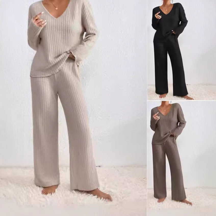 Casual Straight-leg Pants With A Loose V-neck Ribbed Knit Set