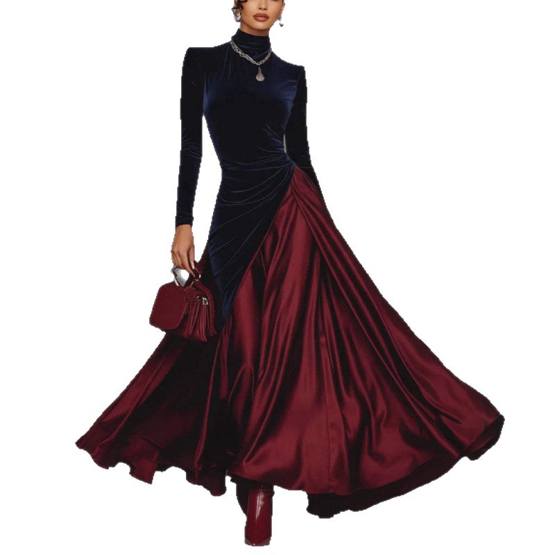 Womens Velvet Patchwork Color-Block Turtleneck Gown