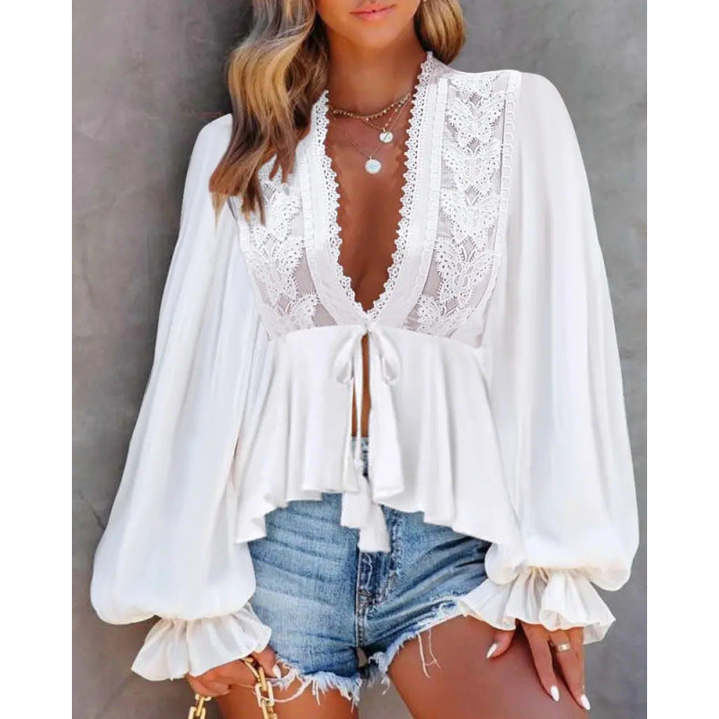 Bow Lace V-neck Long Sleeve Top