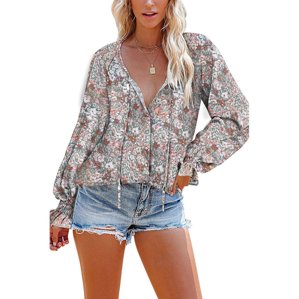Women's Loose V-neck Casual Long-sleeved Floral Chiffon Shirt