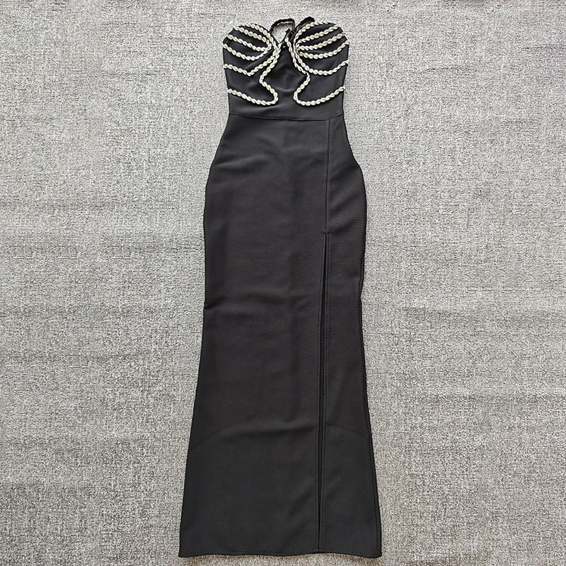 Chain Diamond Skinny Slimming Long Dress Hip-wrapped Evening Dress