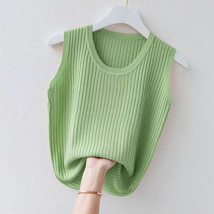 Women's Summer Ice Silk Round Neck Camisole Vest Knitted Bottoming Shirt