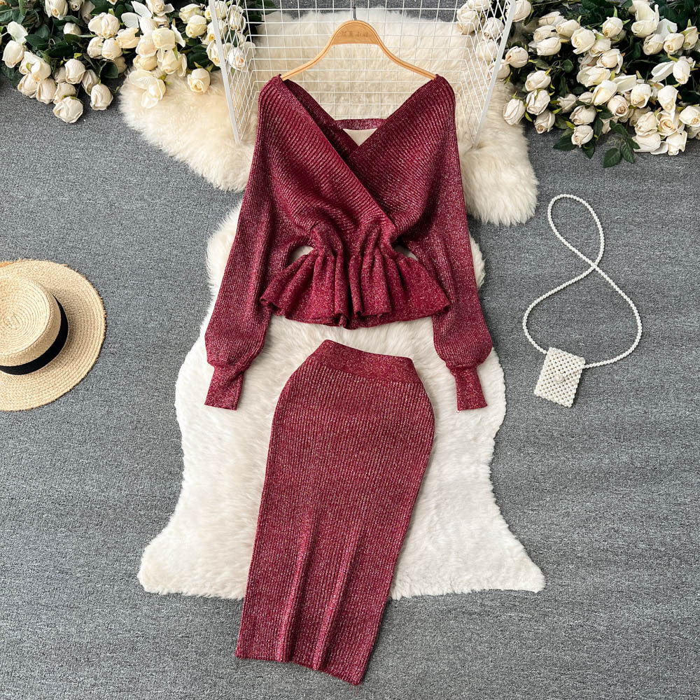Ensemble deux pièces jupe pull courte à volants et col en V pour femme