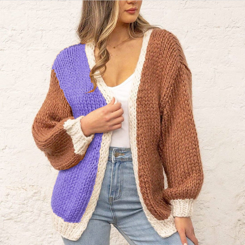 Women's Casual Knitted Cardigan Color Matching Long-sleeved Sweater