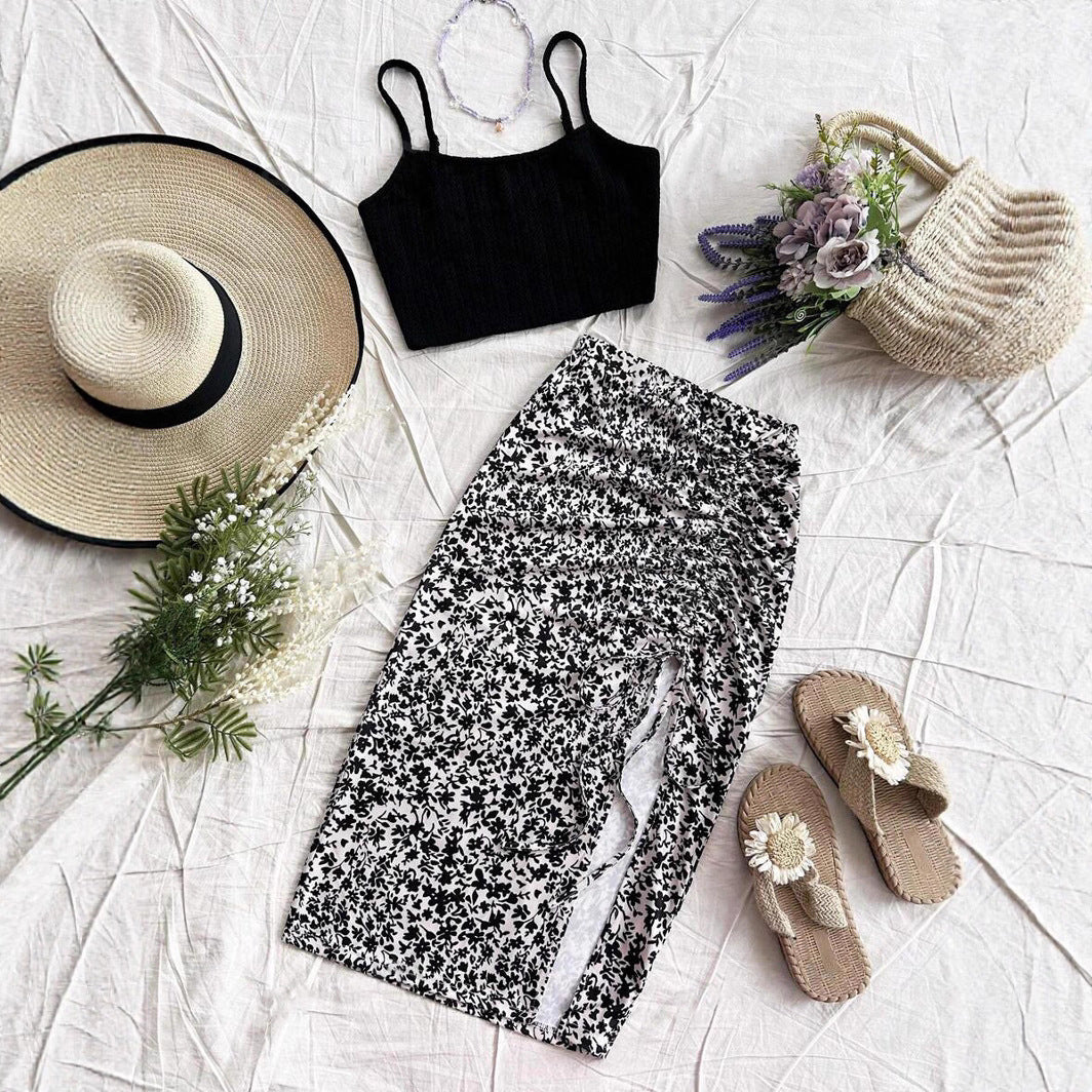 Solid-color Spaghetti-strap Top And Floral-print Slit Hem Skirt Set