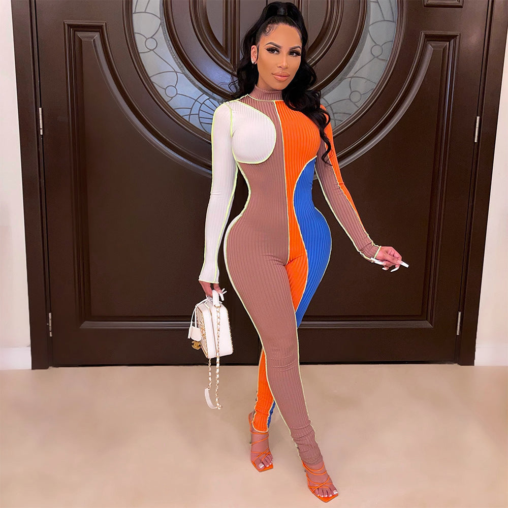 Threaded Color Block Long Sleeve Slim Jumpsuit